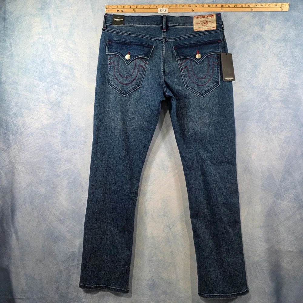 True Religion Ricky Relaxed Straight Jeans Blue Red Horseshoe Stitching Mens‎ 34